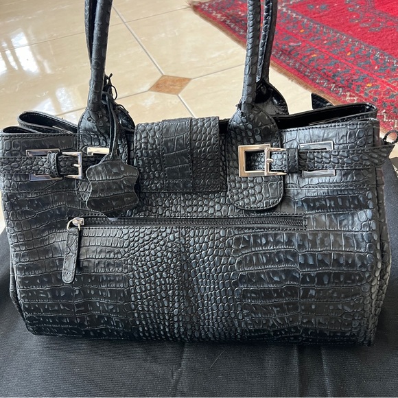 CHARLIE LEPSON SATCHEL LEATHER BLACK CROC DESIGN NEW SILVER HARDWARE - Picture 4 of 10